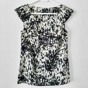 Ann Taylor Cap Sleeve Blouse, Pleated Front, Black & Ivory Print, 00P, XXSP